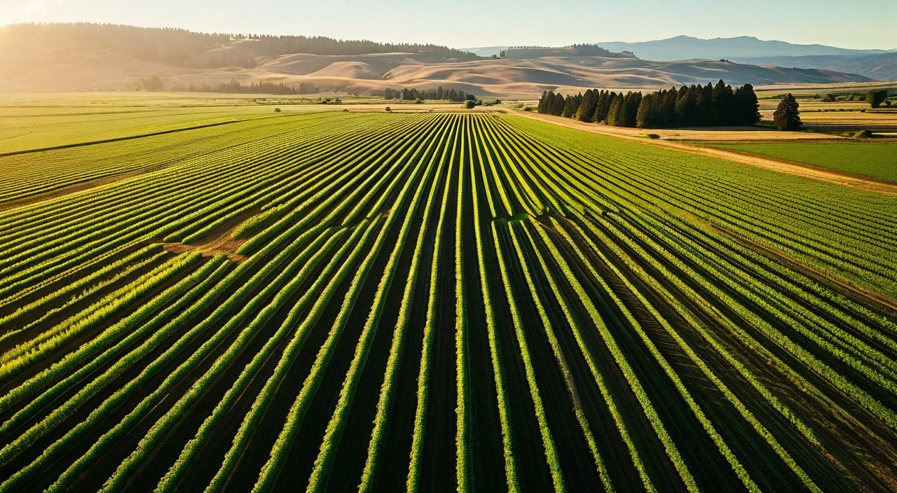 Aerial view of irrigated farmland with pivot irrigation system
